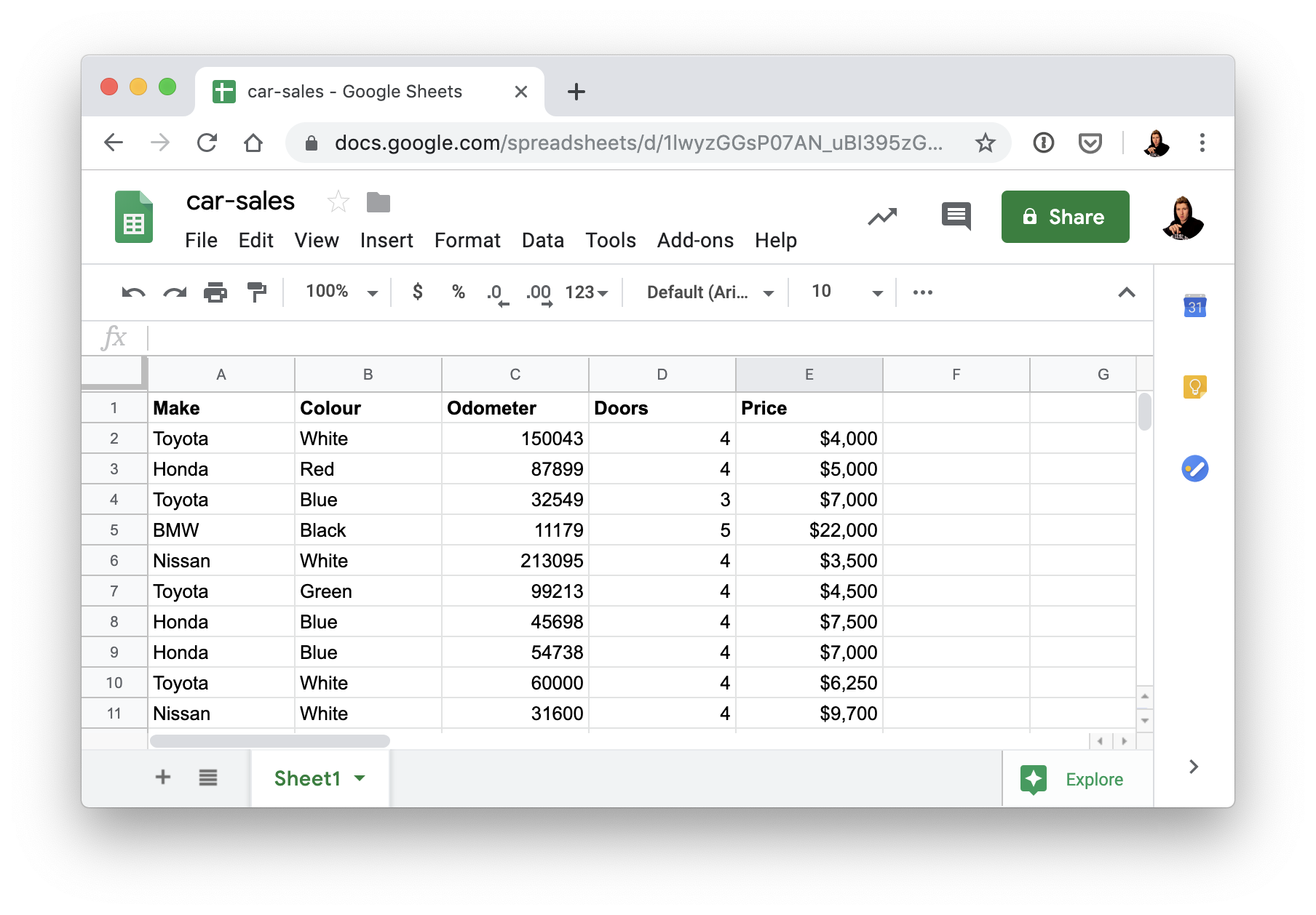 spreadsheet with car sales information