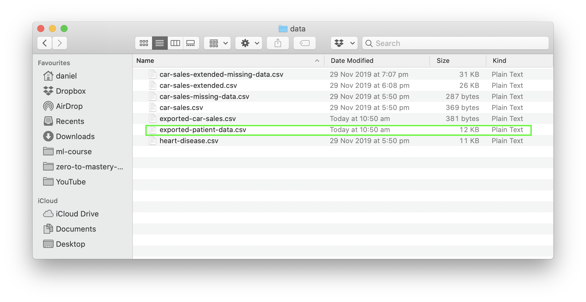 folder containing exported patient data csv file